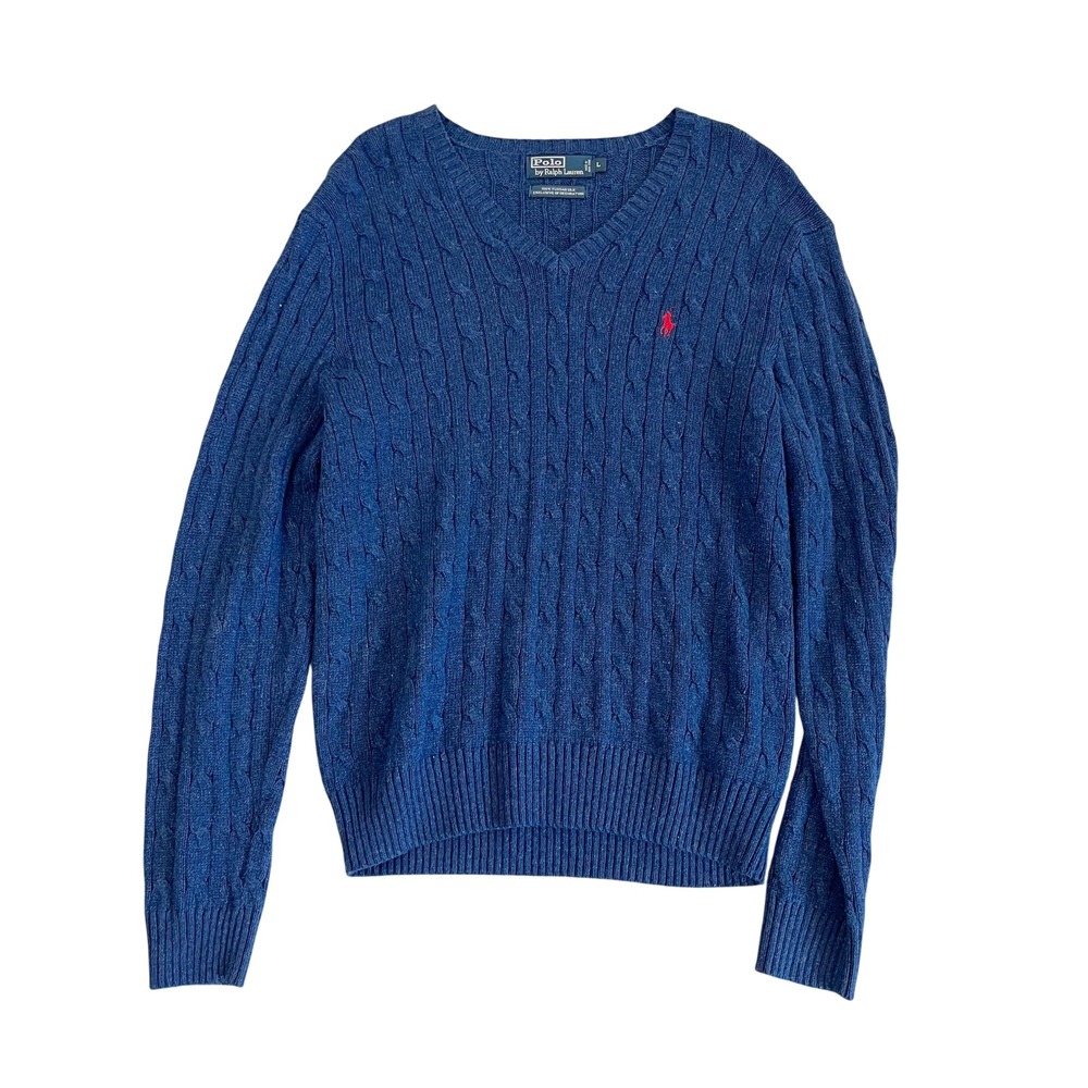 Polo Ralph Lauren Mens Blue Tussah Silk Cable‎ Knit V-Neck Sweater - Size Large